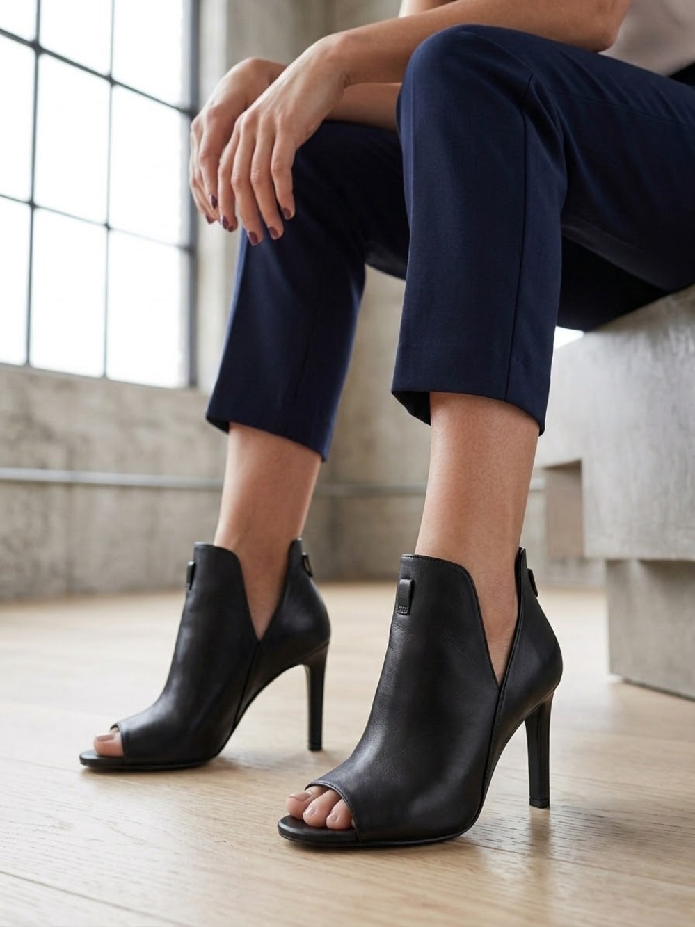 MICHAEL Michael Kors Black Leather Peep-Toe Heel Booties